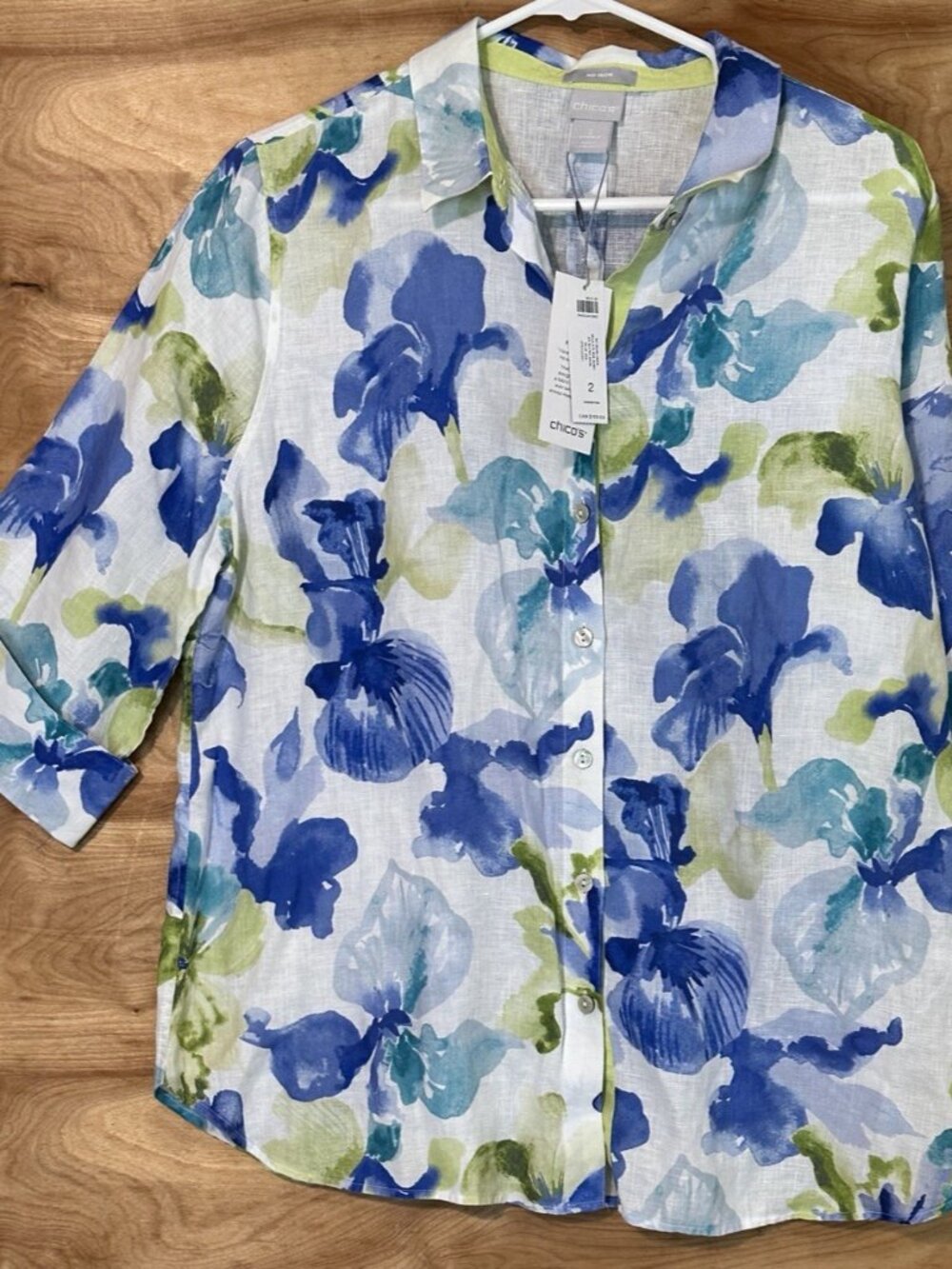 NWT Chicos SZ 12 Button Up Shirt No Iron 100% Linen 3/4 Sleeve Beach Floral $109